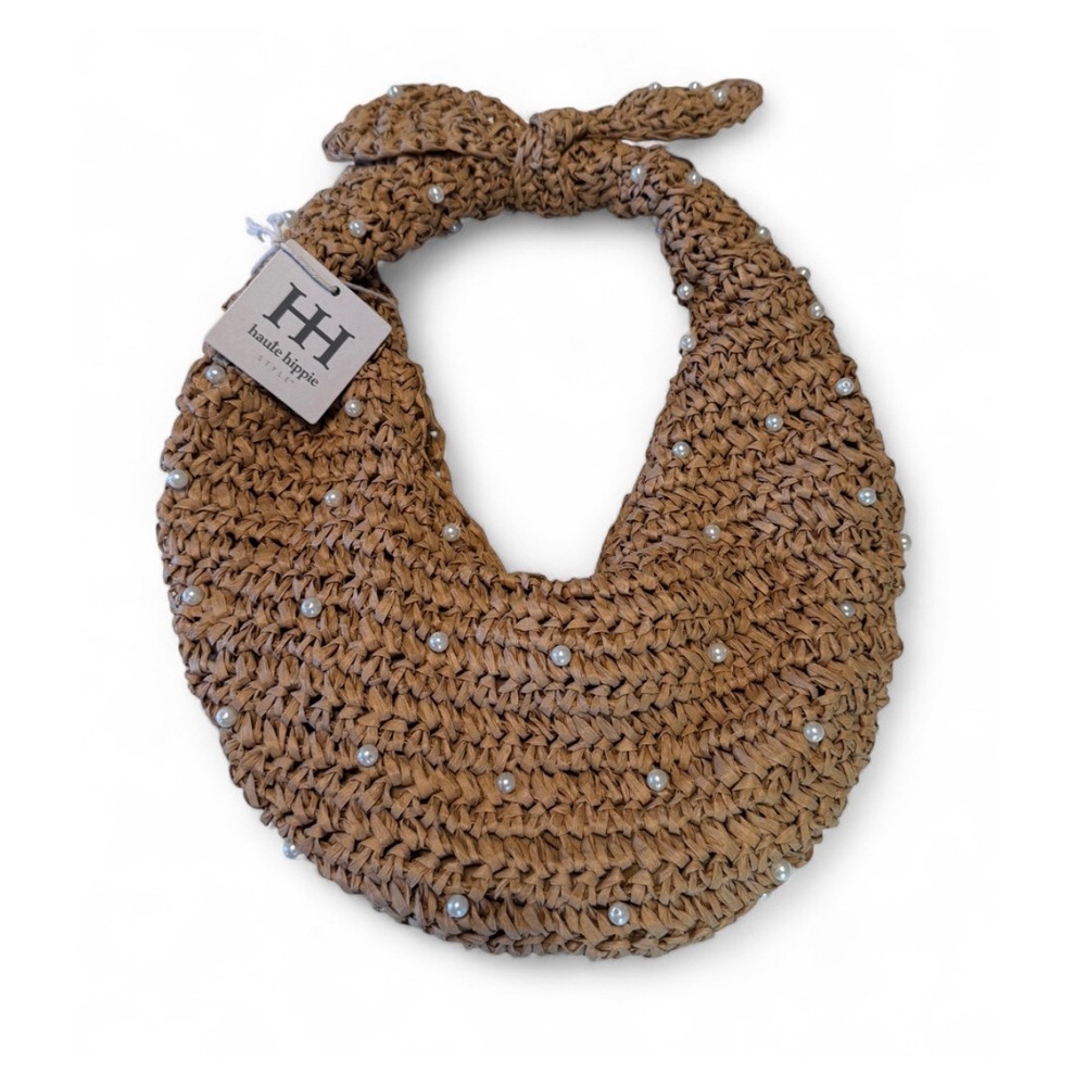 Haute Hippie Woven Straw Pearl Hobo Shoulder Bag Tan NWT boho beach resort daint